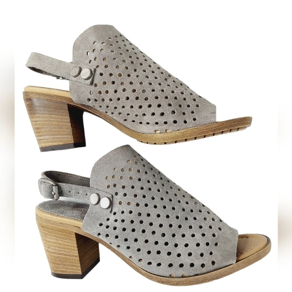 Sophia Milano Perforated Sandals Block Heel Womens Size 7 M Taupe Nubuck Leather